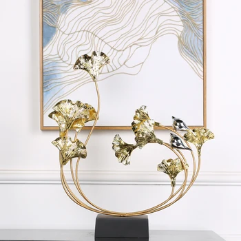 

Plant Figurines Home Furnishing Decoration Crafts Hotel Livingrroom Fengshui Desk Ornaments Gold Resin Ginkgo Leaf Metal Luxury