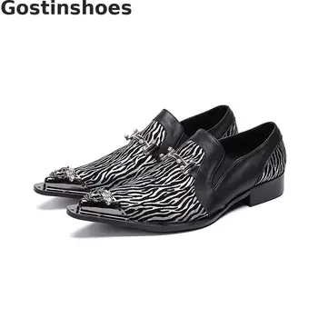 

Striped Genuine Leather Men Casual Shoes Slip-on Pointed Toe Metal Capped Men Leather Leisure Shoes Loafers Men