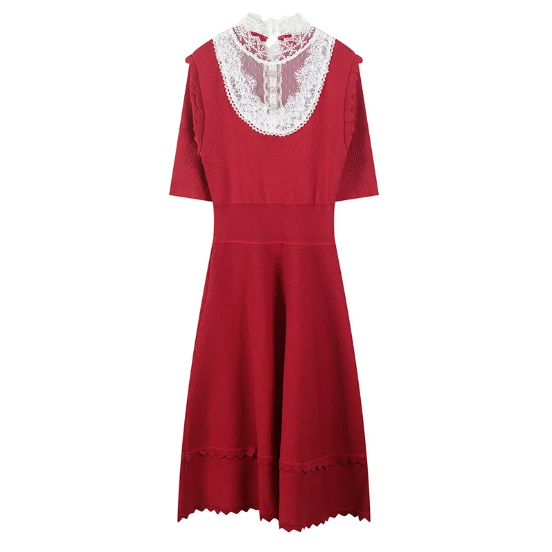 Tunjuefs Slim Fit выдалбливают Поддельные кружева вязаное платье для женщин Vestido оборками элегантные жемчужные кнопки пуловеры с сетчатой вставкой сзади платье с разрезом