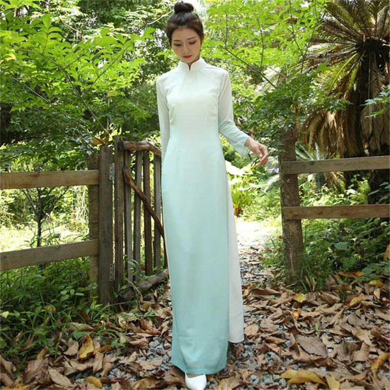 Изящное летнее платье для женщин в стиле ретро от AO Dai, новинка, вьетнамский стиль, чонсам, шифоновое, вечерние, китайское, элегантное, женское, длинное платье - Цвет: Height 1 150-162CM