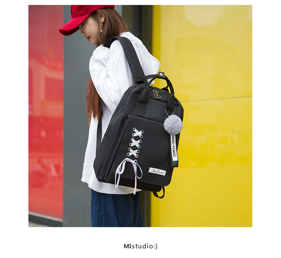 Herald Fashion 4 шт./компл. с бантом из ленты; письмо рюкзак однотонные парусиновые с меховыми помпонами для рюкзак для отдыха и путешествий школьные рюкзаки для девочек школьная сумка