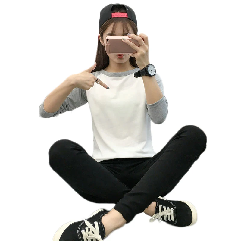Реглан с длинным рукавом черно-белая футболка женская мода Корейская тонкая женская одежда футболка Повседневная с круглым вырезом трендовая Футболка женская