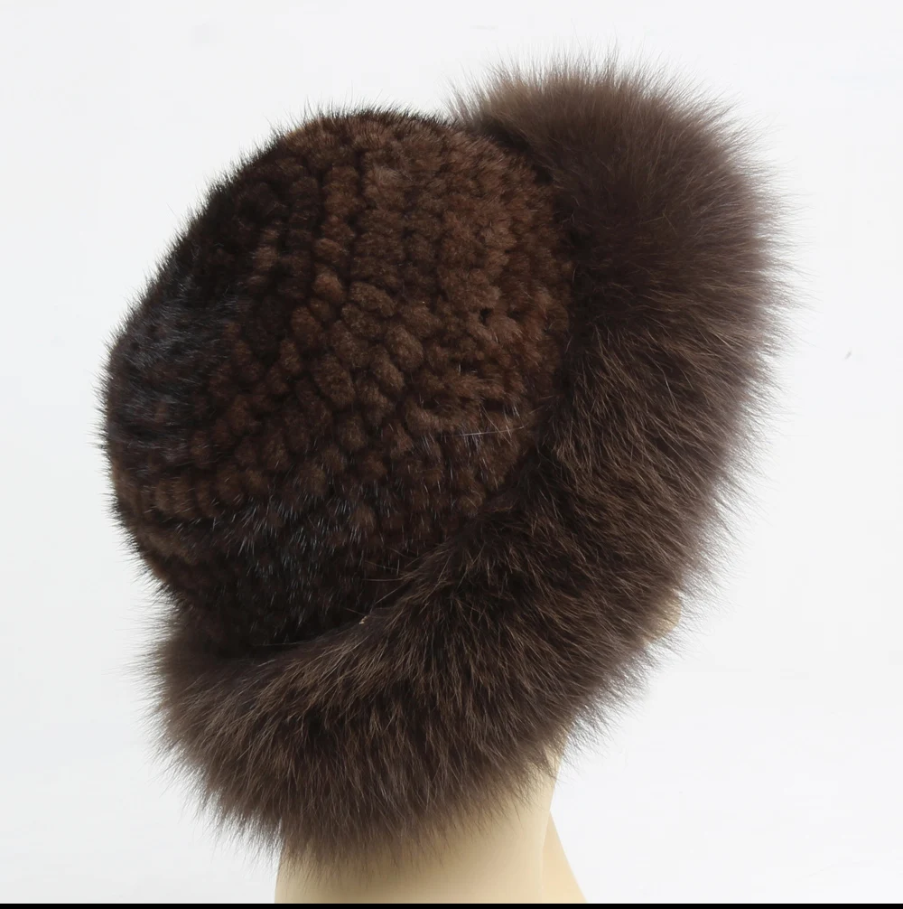 Winter Knitted Real Mink Fur Hats Luxury Natural Real Fox Fur Cap Ladies Winter Warm Fluffy Casual Natural Genuine Fur Hats