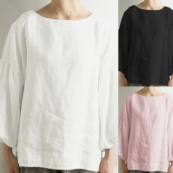 

ZANZEA Women Casual O Neck Blouses Shirts Solid Long Sleeve Cotton Tunic Tops Lady Work Office Blusas Plus Size Womens Clothing