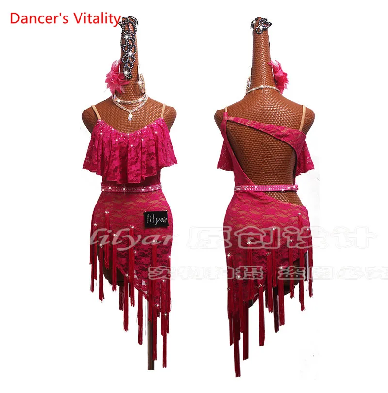 Латинские костюмы для танцевальных конкурсов Sasa танцевальная одежда, изготовленный на заказ, взрослый Женский Детский Розовый Красный кружевной юбка с бахромой