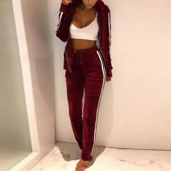 

2020 Spring Autumn Women Running Set Gold Velvet Zipper Hooded Sweatshirt Velvet Tracksuit Two Piece Sportswear Stripe Fitness
