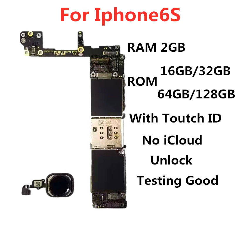Бесплатный iCloud материнская плата для iPhone 6S с сенсорным ID разблокированная материнская плата для iPhone 6S 16 Гб/32 ГБ/64 Гб/128 ГБ