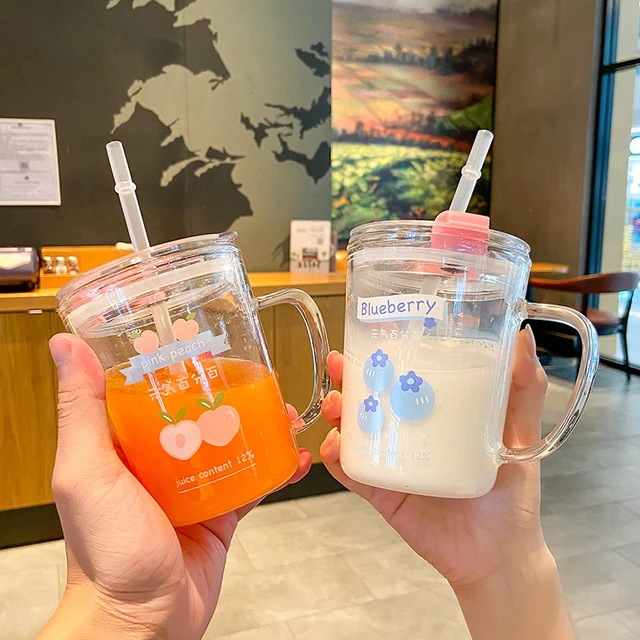 Kawaii Strawberry Peach Glass Cup For Coffee Water Juice Milk Tea Creative  Fruit Portable Glass Cups With Lid Straw Scale Handle - AliExpress