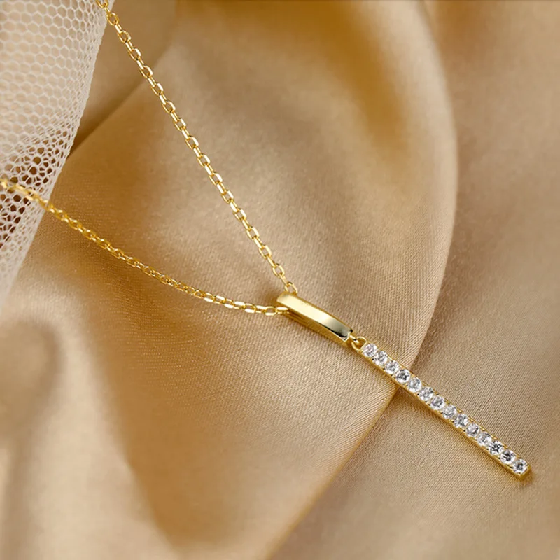 Fashion New AAA Zircon Strip Shape One Word Pendant Necklaces for Women Wedding Party Gift Jewelry Accessories