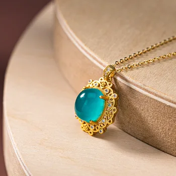 

925 sterling silver with oval shape lake blue natural stone pendant gold-plated chain necklace ethnic fine jewelry for women