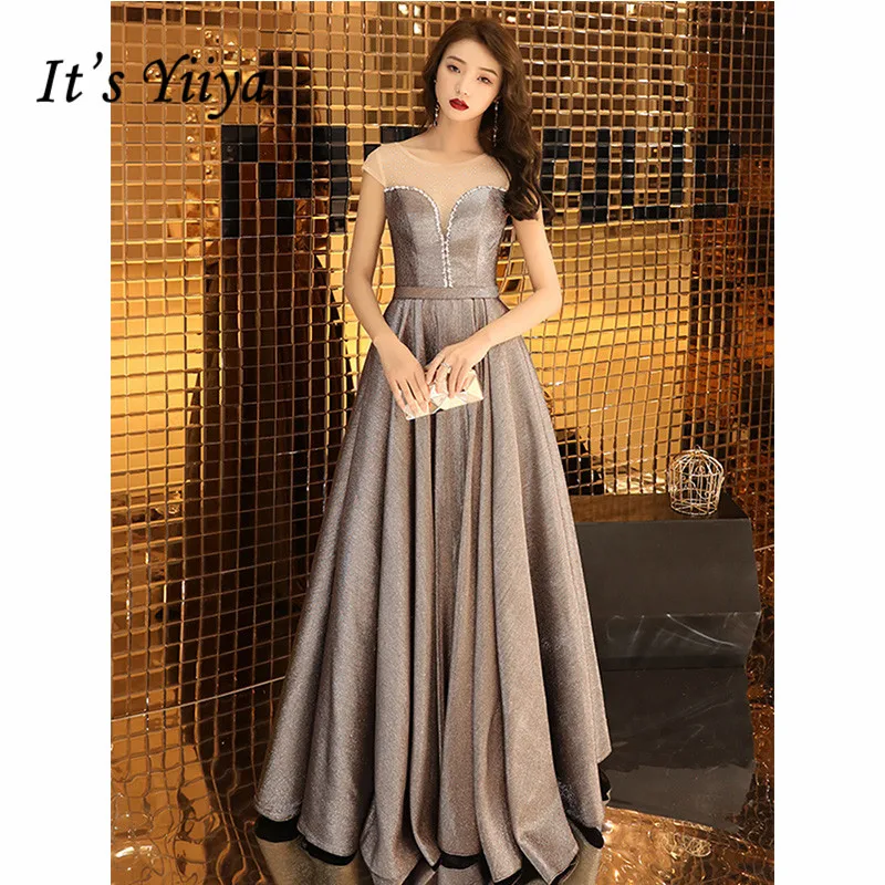 

It's Yiiya Evening Dress 2019 Short Sleeve O-Neck Sequins A-Line Formal Gowns Plus Size Elegant Long Party Robe de Soiree E1075