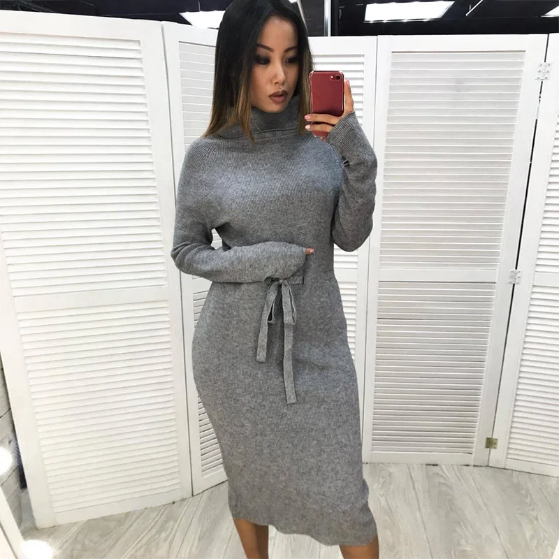 

Winter Turtleneck Sweater Dress Women Elegant Bodycon Midi Dress Thumb Hole Long Sleeve Waist Tie Casual Warm Knitted Dresses