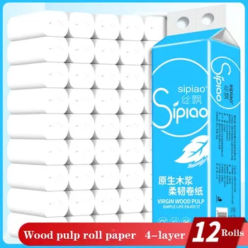 

12 Rolls 4-Ply Baby Care Wood Coreless Roll Toilet Paper Safety Thickened Toilet Paper Household Soft Tissue