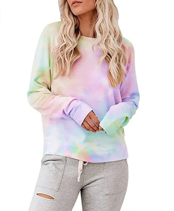 2021 spring women's round neck long sleeve pullover tie-dyed sweater top