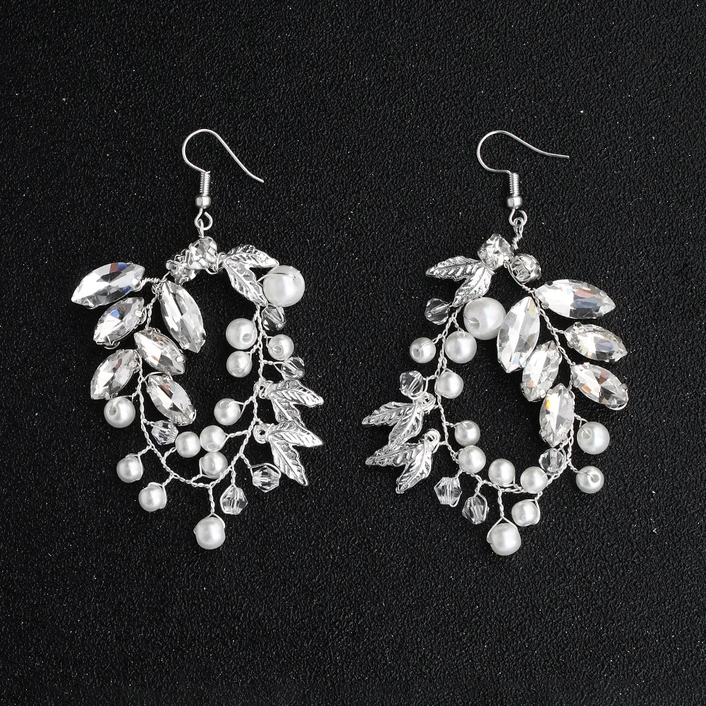

New Crystal Silver Leaf Dangle Earrings Handmade Pearl Earrings Luxury Rhinestone Earrings Bridal Wedding Accessories