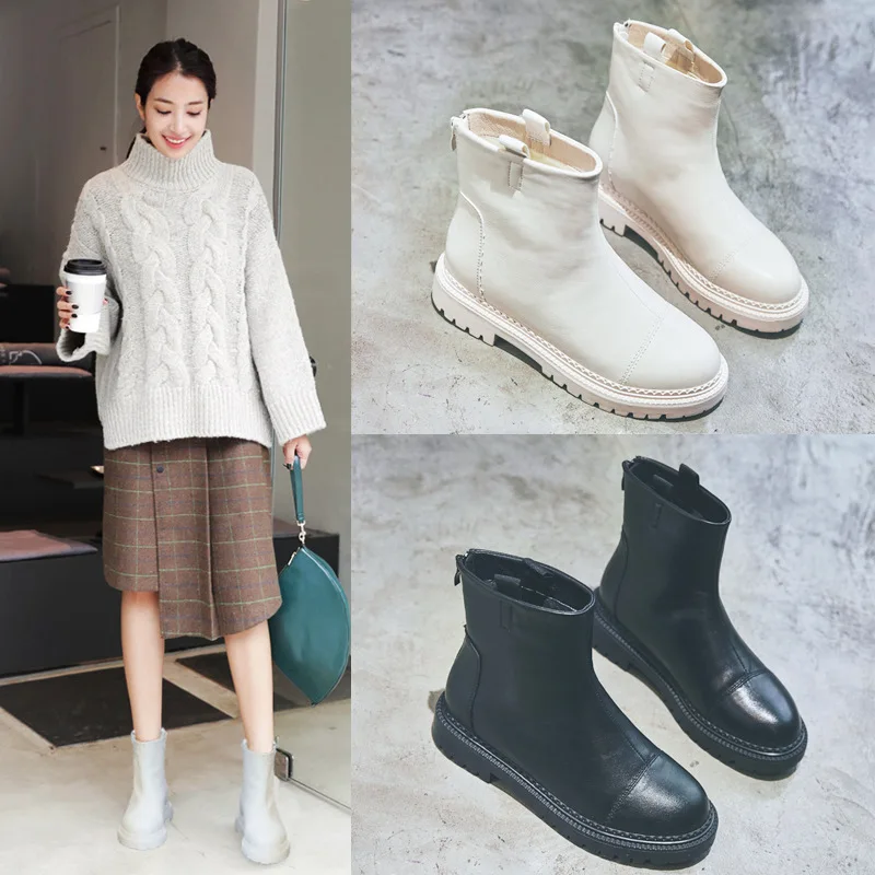 

2020 Autumn New Boots Shoes Women Real Leather Matin Boots Cross-tied Ladies Ankle Boots Front Zipper Female