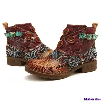 

Retro Buckle Genuine Leather Splicing Folkways Pattern Flat Soft Short Boots Elegant Shoes Women Shoes Botas Mujer 2020