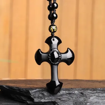 

CROSS NATURAL BLACK OBSIDIAN JADE PENDANT NECKLACE CHINESE HAND-CARVED FASHION JEWELRY AMULET ACCESSORIES FOR MEN WOMEN GIFTS