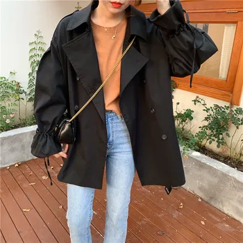 

Khaki Black Women Outerwear Coats Casual Long Loose Trench Leisure Long Sleeve Pocket Streetwear Clothes