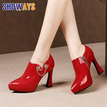 

Spring Women Platform Pumps 10cm High Hoof Heel Black Red Patent Leather Metal Flower Party Office Pointed Toe Zipper Lady Shoes