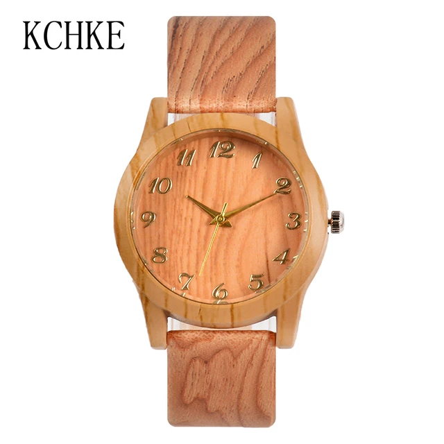 KCHKE 2020 Black/Coffee/Beige Dial Natural Bamboo Wood Watch Men Women Genuine Leather Wooden Clock Male hour Reloj de madera women brown