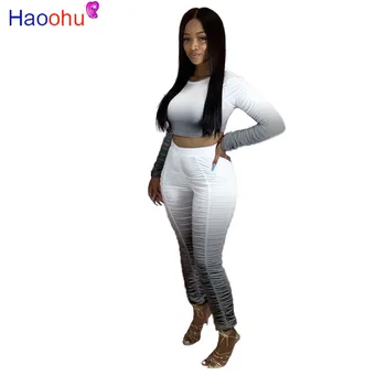 

HAOOHU Gradient Women Set Two Pieces Set Tracksuit Mini T-shirt Tops Hole Stacked Jogger Sweatpant Suit Outfit Matching Set
