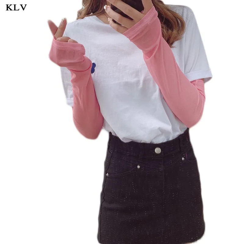 Pink Женские летние ледяные шелковые охлаждающие руки теплые Рукава Макарон кремовый цвет Открытый Велоспорт Защита от солнца без пальцев с отверстиями для большого пальца - Цвет: Pink