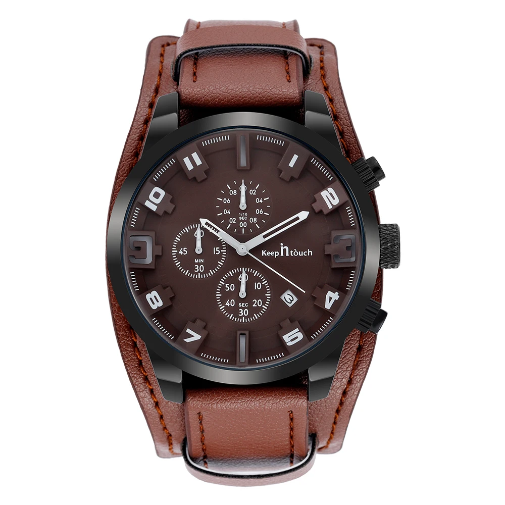 Leather B Кварцевые часы, мужские, для улицы, водонепроницаемые, спортивные, кожаный ремень, коричневый, черный цвет, карнавал, часы, 47 мм, диаметр циферблата, красная указка - Цвет: Leather B