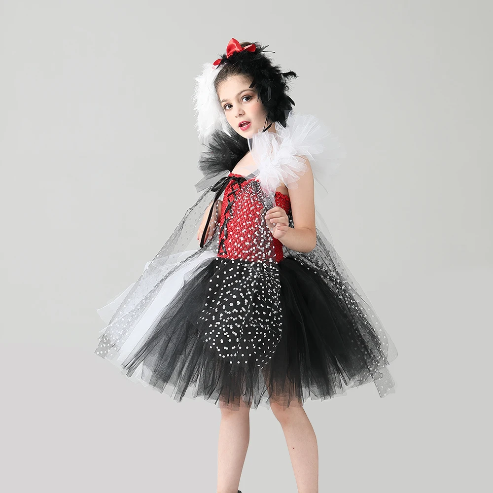 Evil Madame Cruella De Ville Kids Tutu Costume Dalmatians Girls Halloween Fancy Tutu Dress with Headband Polka Dot Girl Outfit (7)
