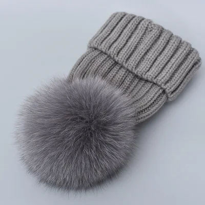 Hot Sale Winter Baby Women Kid Hat Real Fox Fur Hats Mom Baby Hat with Pompon Family Matching Beanie Hairball Kids Cap Outfits - Цвет: grey without velvet