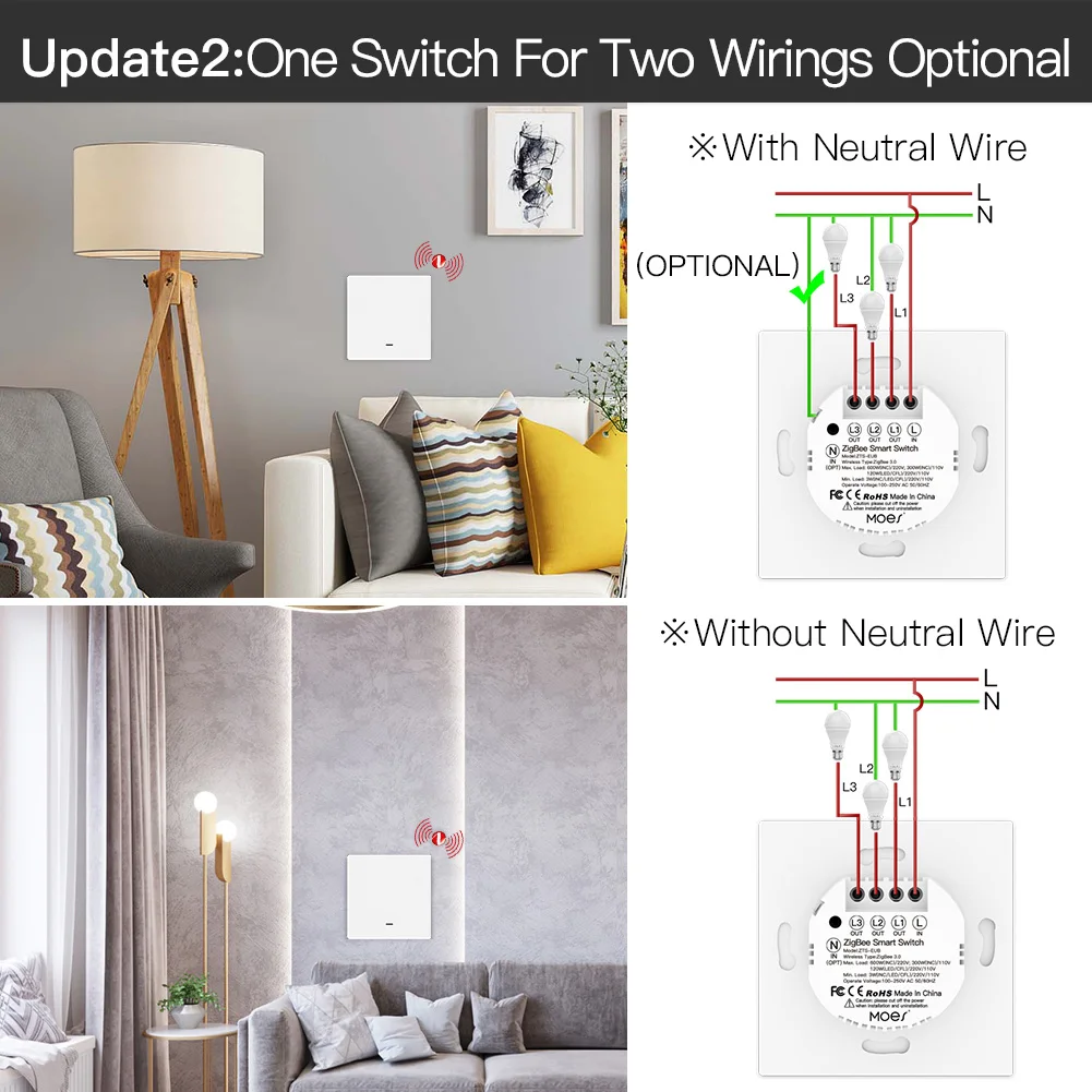 Interruptor de Luz Zigbee sem Fio Neutro sem Necessidade de Capacitor Funciona com Alexa Inteligente Moes Tuya Smart Life 2 - 3 Way Google Home Mqtt - Image 3