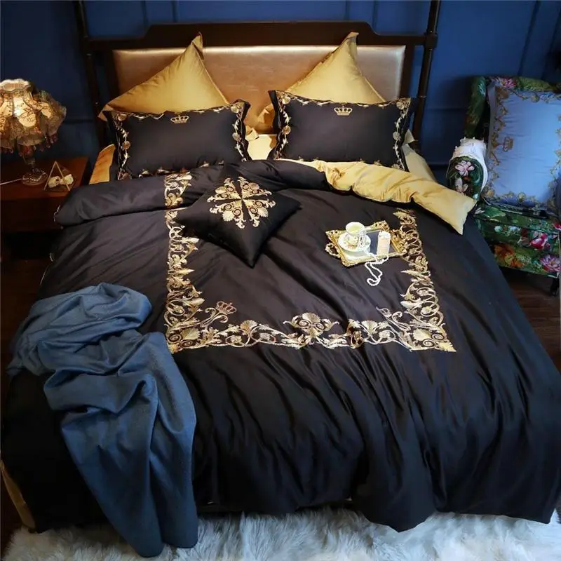 30 Egypt Cotton Black Gold Crown Bedding Set Embroidery Silky Duvet Cover Sets Bed Sheet Pillowcases Queen King size 4/6/7Pc | Дом и сад