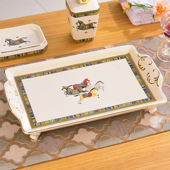 

Kitchen Ceramic Tray Rectangle Fruit Plate Snack Dish Tea Saucer Bathroom Cosmetic Storage Tray Decorations European Style