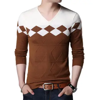

2019 Chic Men V Neck Long Sleeve Color Block Pullover Knitwear Elastic Slim Sweater Winter Men'S Sweater Men'S Knitted Pullovers