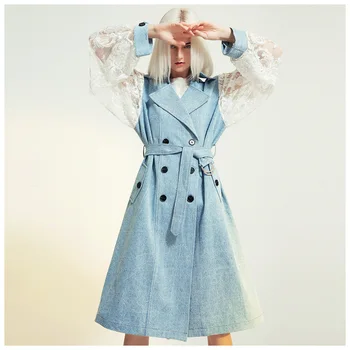 

Lace Spliced Sleeve Women Casual Jeans Double Breasted Outwear with Sashes Office Coat Chic Epaulet Design Long Trench SA270S30