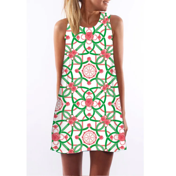 

2018 Ozhouzhan Europe And America New Style Retro Digital Printing Crew Neck Hot Selling off-Shoulder Medium-length Vest Dress