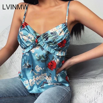 

LVINMW Vintage Flower Print Spaghetti Strap Camisole Tops 2020 Summer Women Ruffles Satin Backless Tops Sexy Party Streetwear