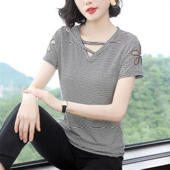 

Ymwmhu T Shirt Women 2020 Summer Top Shirts V-neck Short Sleeve Casual Tshirts Strip T-Shirt Plus Size Cotton Tee Shirt Femme