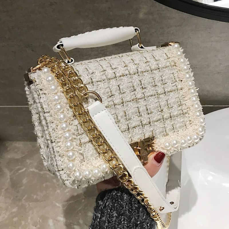 2019 Winter Fashion New Female Square Tote bag Quality Woolen Pearl Women's Designer Handbag Ladies Chain Shoulder Crossbody Bag