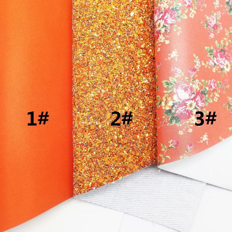 ORANGE Glitter Fabric, Rose Flowers Printed Faux Leather, Synthetic Leather Fabric Sheets For Bow A4 8"x11" Twinkling Ming XM355