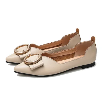

2020 New Pointed Women's Flat Shallow Mouth Round Buckle Microfiber Korean Spring and Summer Casual Shoes Flat Shoes