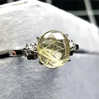 

10x9mm Natural Gold Rutilated Quartz Ring Jewelry For Woman Lady Man Crystal Round Beads Silver Gemstone Adjustable Ring AAAAA