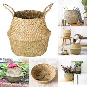

Household Foldable Storage Natural Seagrass Woven Storage Basket Pot Garden Flower Vase Hanging Wicker Basket Bellied Baskets