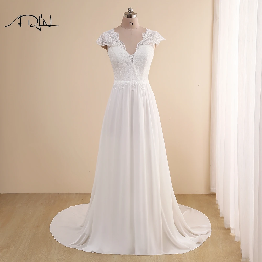 Simple Deep V-neck Boho Wedding Dress Cap Sleeves Vestido de Novia 2021 Custom Made Chiffon Beach Bridal Gown