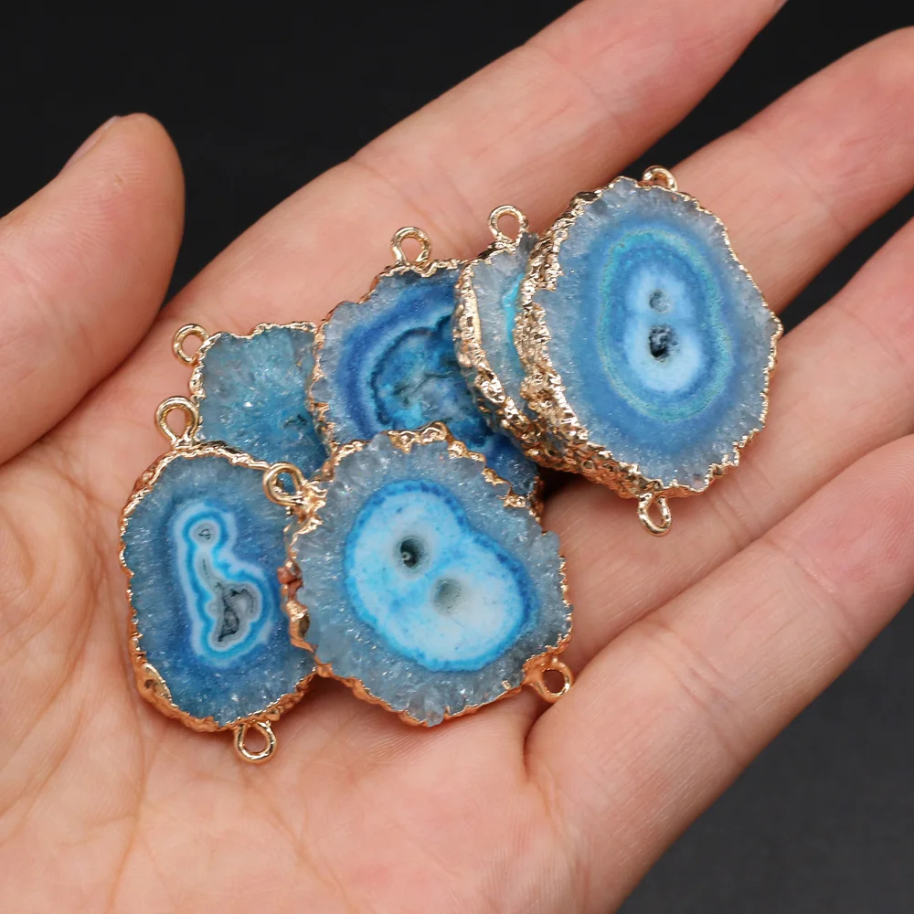 

1PC Natural Stone Connector Pendant Round Agates Blue Double Hole Charm for Jewelry Making DIY Necklace Bracelet 15x20-20x30mm