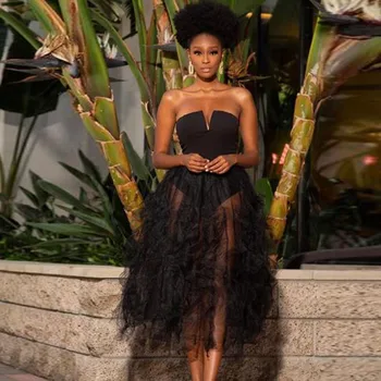 

Special Black Ruffle See-through Women Skirts Elastic Waistline A Line Tulle Transparent Ankle Length Skirts Womens Skirt Custom
