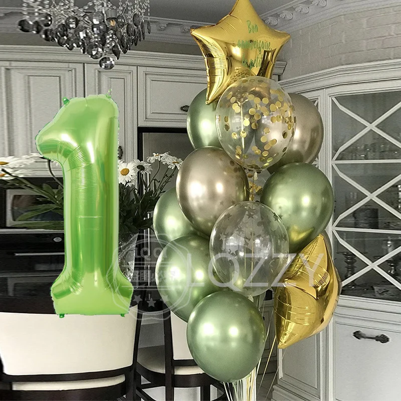 12pcs 1st Birthday Party Green Number Foil Balloons Decoration Kids Baby Girl Princess 1 2 3 4 5 6 7 8 Years Old | Дом и сад