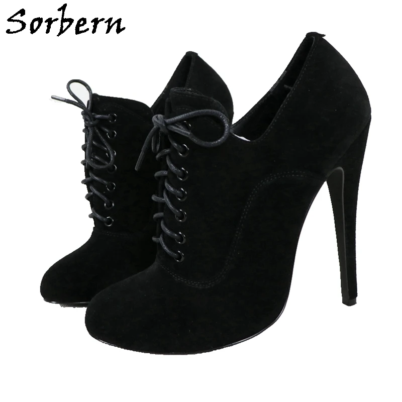

Sorbern Black Suede Genuine Leather Pumps Women Lace Up 15Cm High Heel Stilettos Round Toe Size 12 Lady Heeled Shoe Luxury