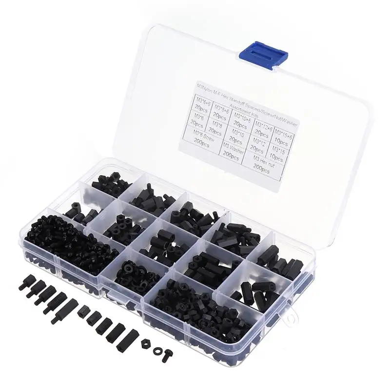 

Suleve 780Pcs /set M3NH17 M3 Nylon Screw Black Hex Screw Nut PCB Standoff Spacer Column Assortment Kit