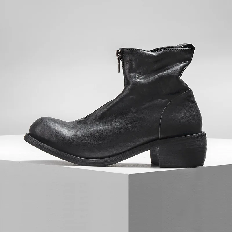 

Autumn And Winter round-Toe Genuine Leather Pleated Chunky-Heel Retro Men's Boot Zipper Men Leather Boot Martin Boots